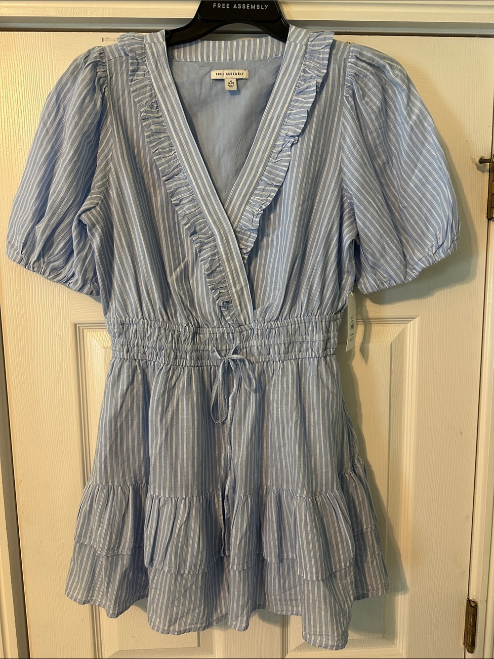 Free Assembly Light Blue and White Striped Ruffle Mini Dress NWT (M)